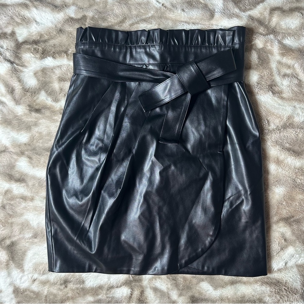 (CLEARANCE) Belted Paperbag Waist Faux Leather Skirt Tulip Wrap